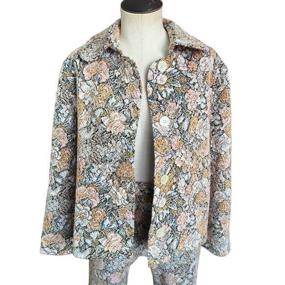 NWT LESET Jane Set Floral-jacquard Jacket & Crop Bootcut Pants Floral Mango Pink - Picture 12 of 17